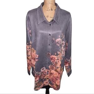 Solitaire 2X Floral Print Button Up‎ Shirt Gray Pink Long Sleeve Top Women